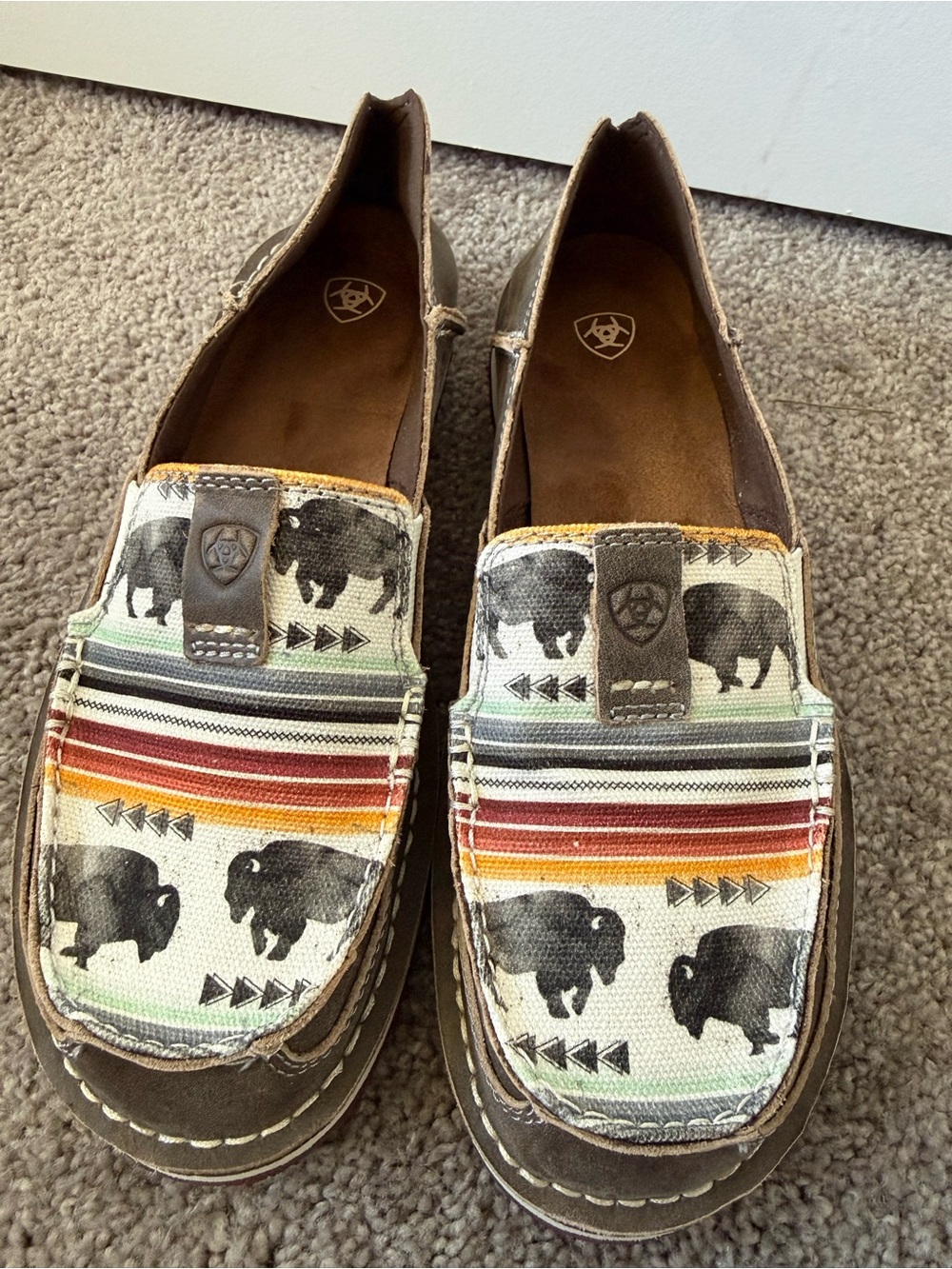 Ariat Brown Canvas Slip-Ons with Buffalo Print and Multicolor Stripes